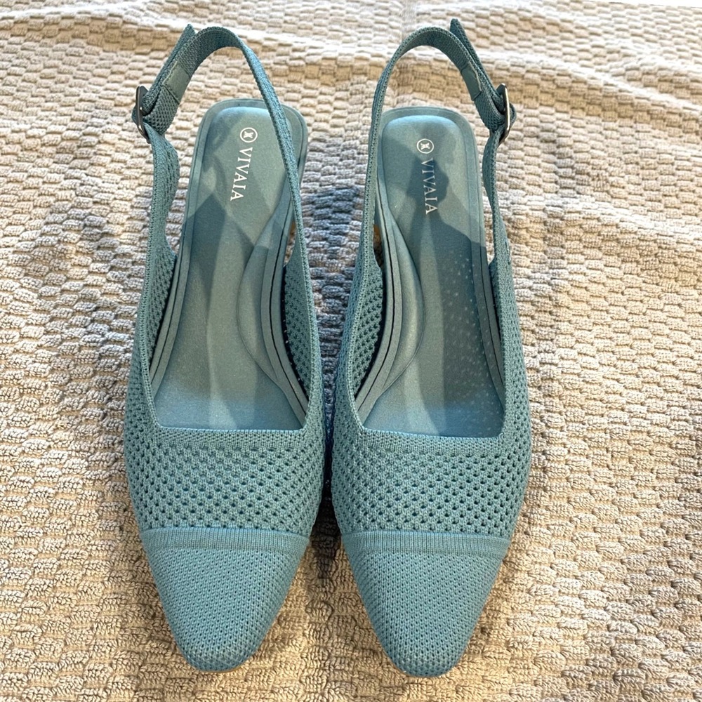 Vivaia Slingback Heel Women 40 Blue Pointed Toe Block Heel Knit Sustainable Pump - Picture 4 of 10